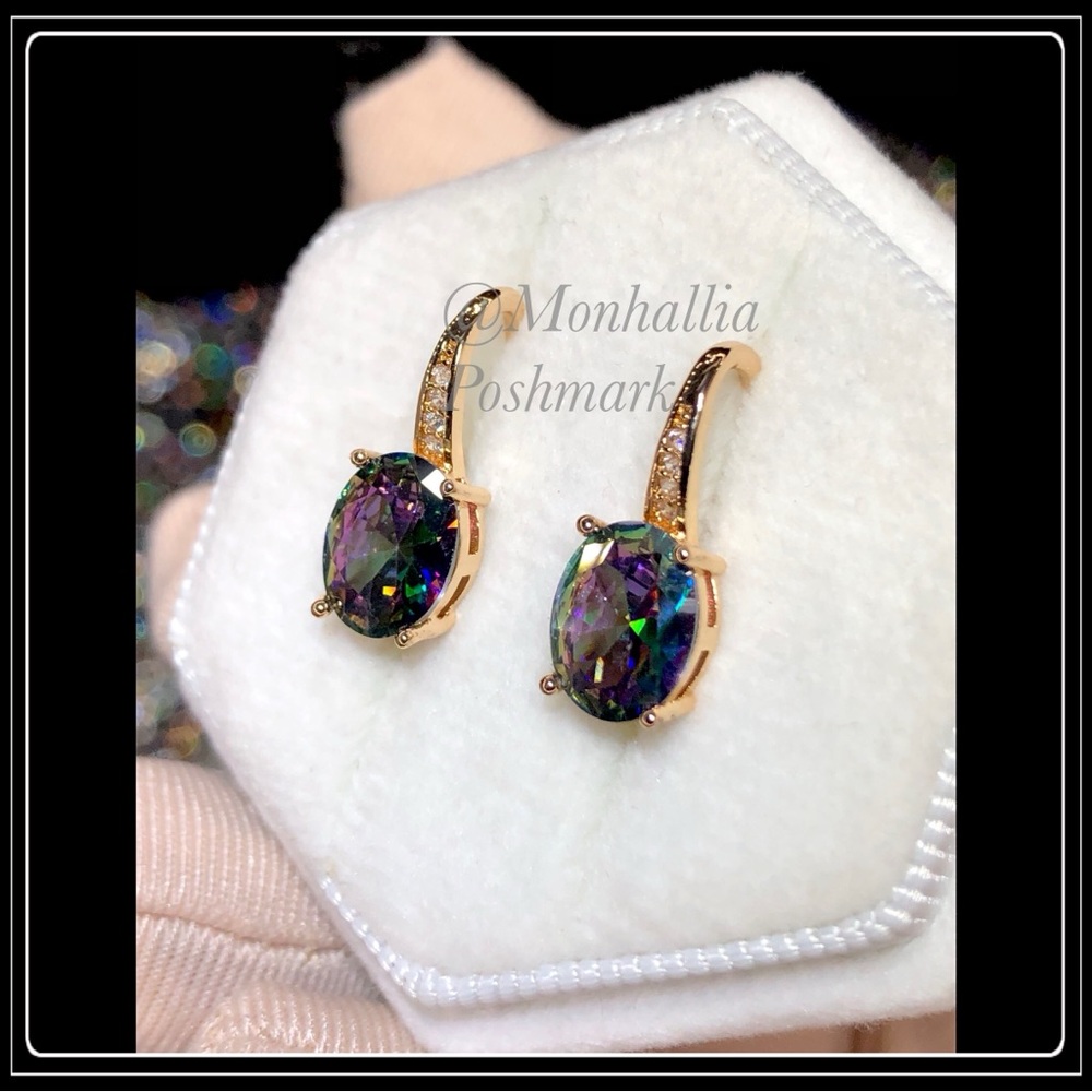 NEW 14K GOLD COLORFUL MYSTIC TOPAZ HOOK LOOP EARRINGS - Picture 2 of 4